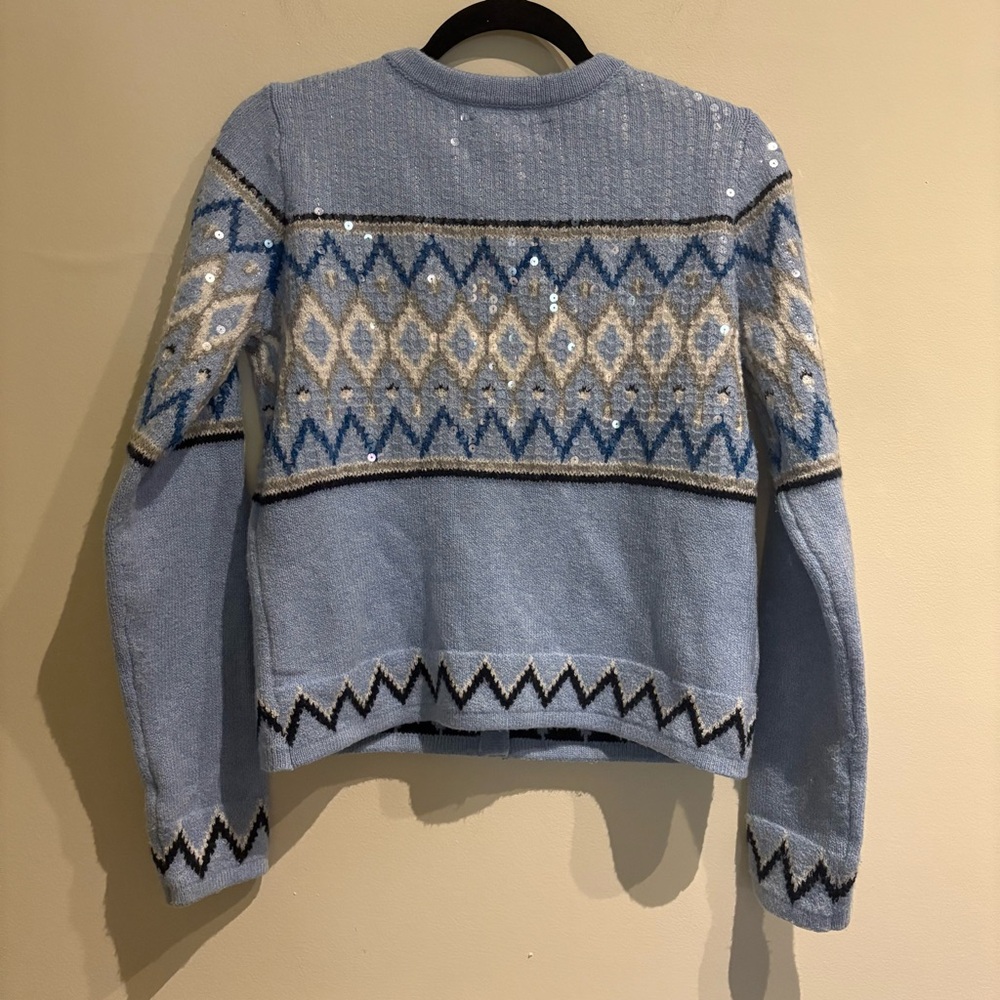 LOFT Sequin Fair Isle Sweater Jacket Light Blue size XS Cotton Blend - Picture 6 of 9